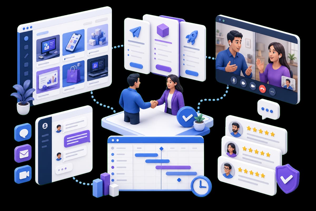 Isometric illustration of a digital agency proposal, portfolio, project timeline, client call, and review cards