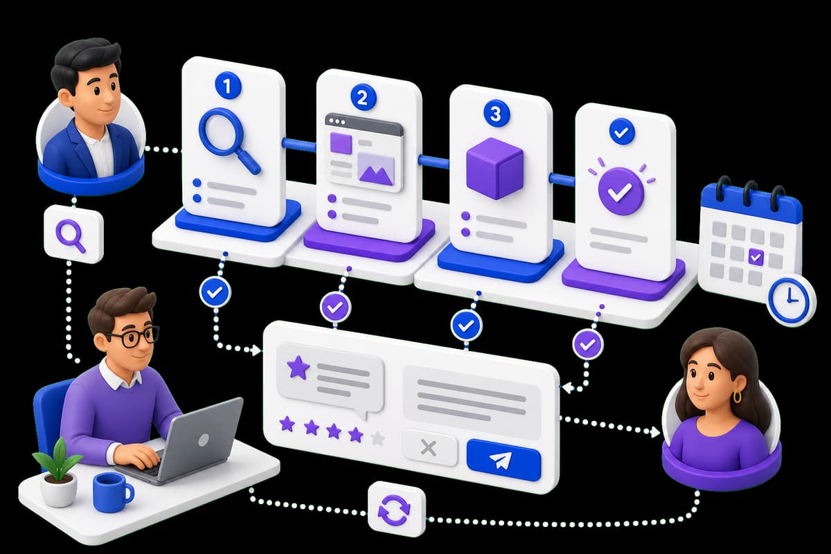 Isometric illustration of an agency project workflow linking discovery, design, delivery, and client feedback milestones