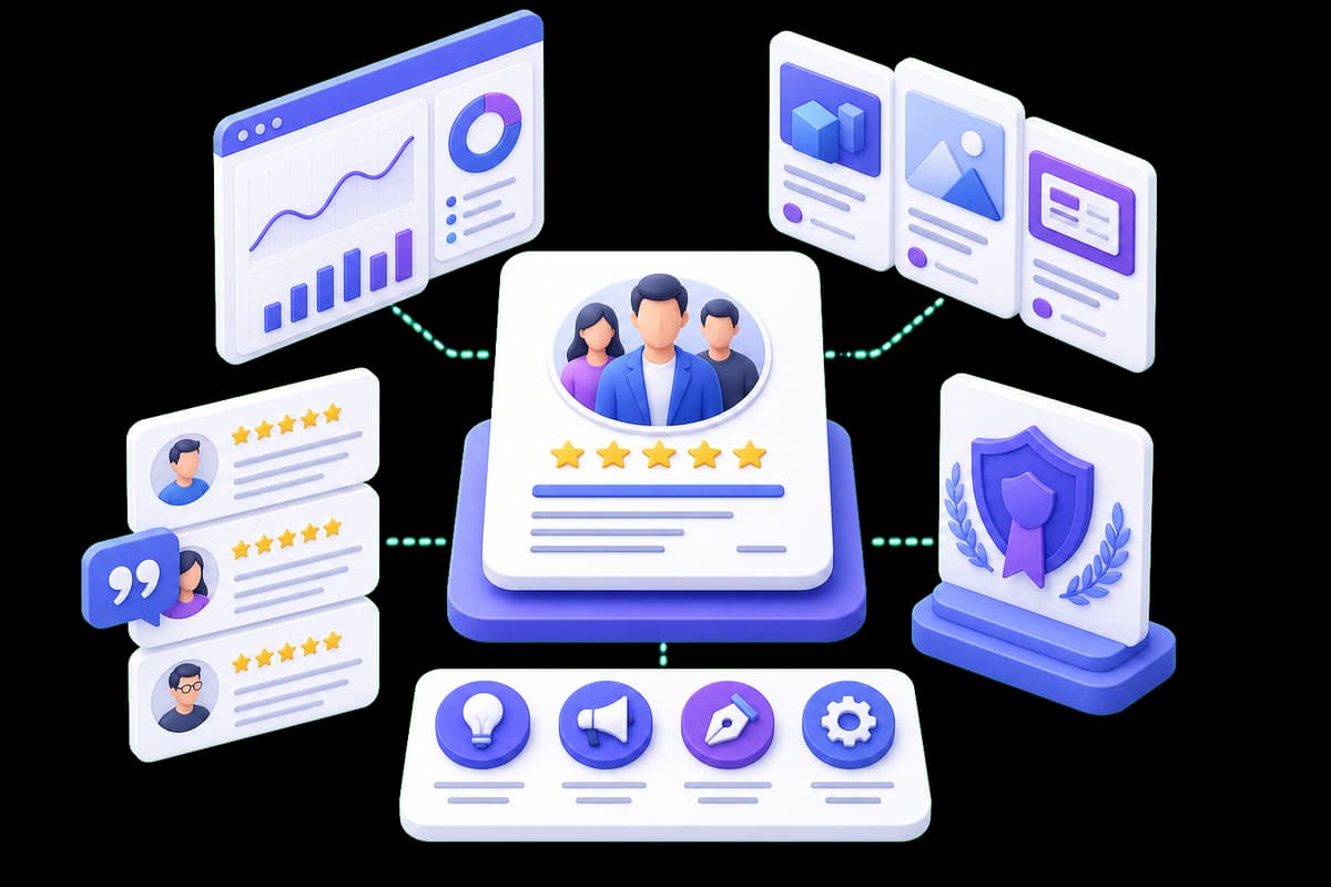 Isometric illustration of an agency reputation profile supported by reviews, case studies, credentials, and analytics