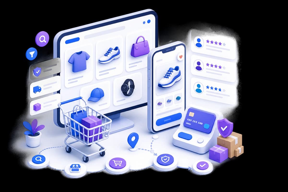 Illustration of an online store, shopping cart, secure checkout, and customer reviews