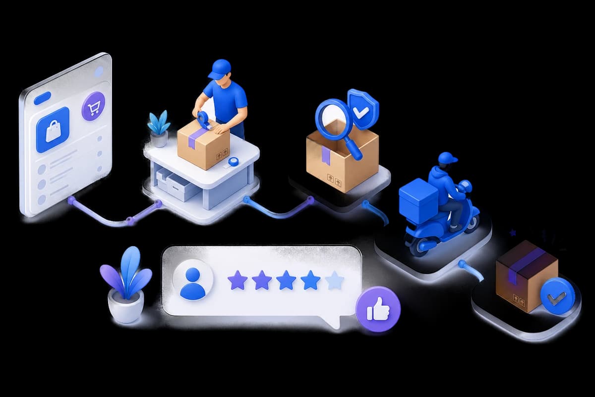 Illustration of an e-commerce order moving through packing, quality checks, and delivery