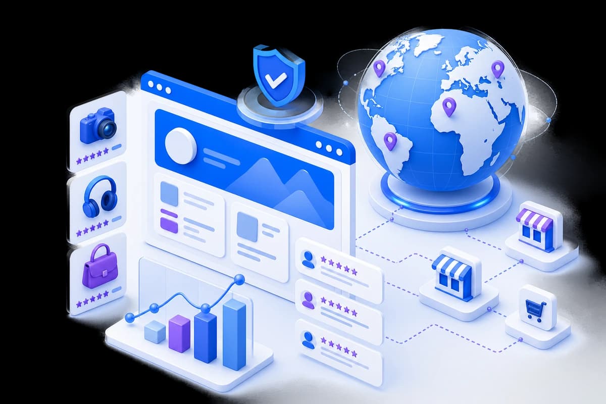 Illustration of an international online store reputation profile with reviews and analytics