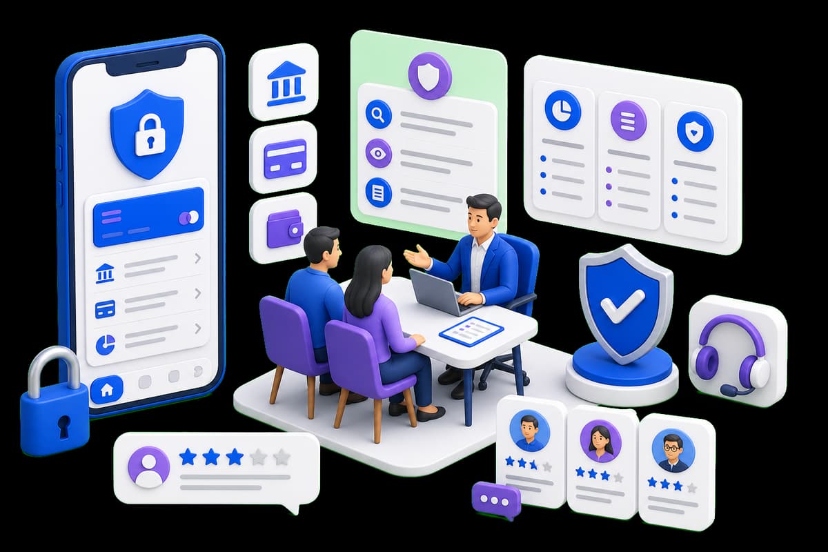 Isometric illustration of customers evaluating a secure financial service, advisor support, fees, and reviews