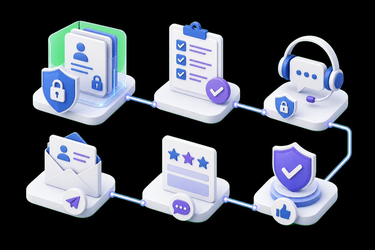 Isometric illustration of a privacy-aware financial review workflow with security, compliance, support, and approval stages