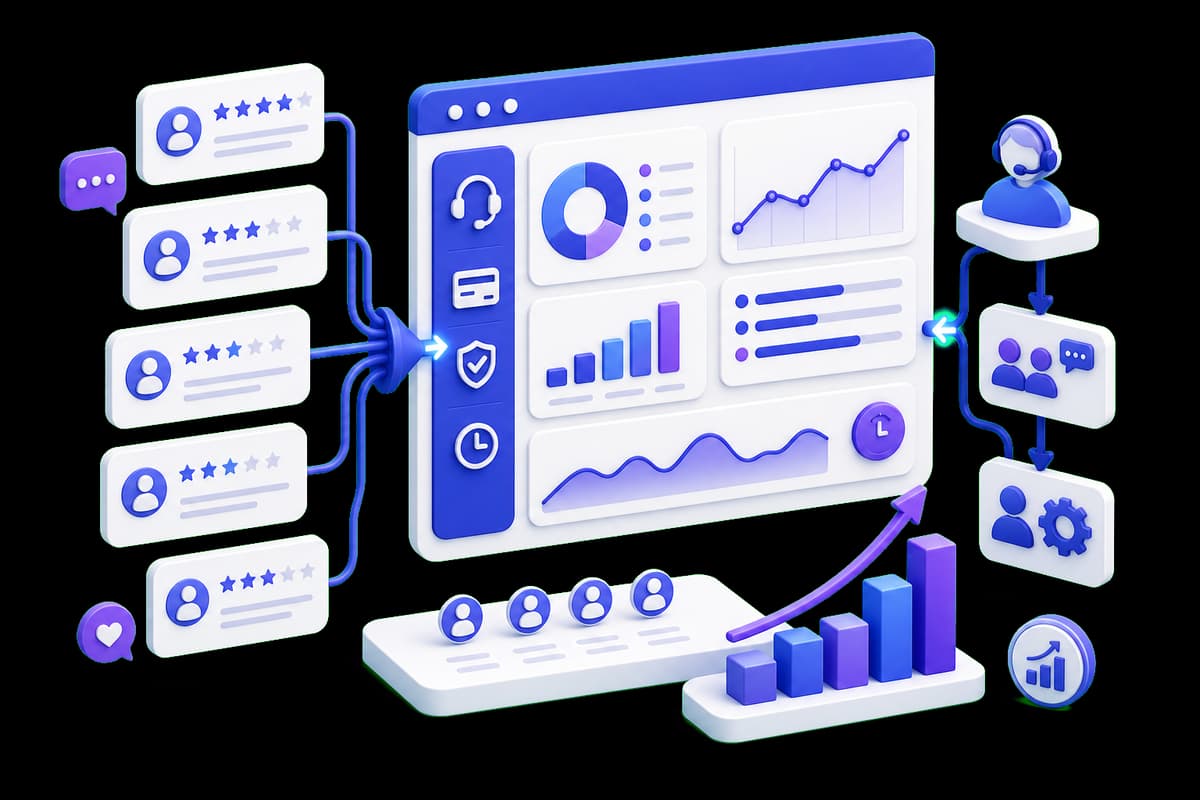Isometric illustration of financial service reviews feeding an operational customer experience dashboard