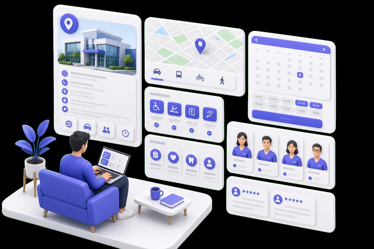 Isometric illustration of a patient researching clinic location, accessibility, appointments, staff, services, and reviews