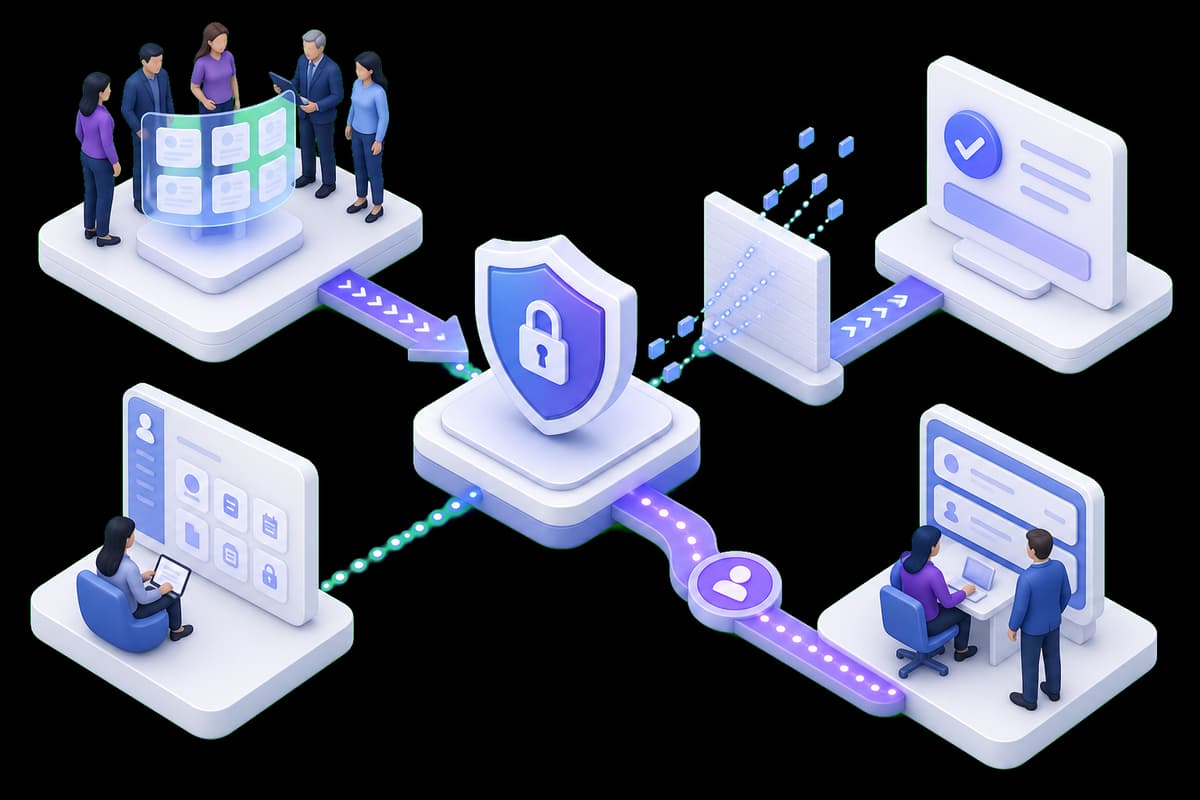 Isometric illustration of a privacy-aware healthcare review response moving from a public review to a secure patient channel