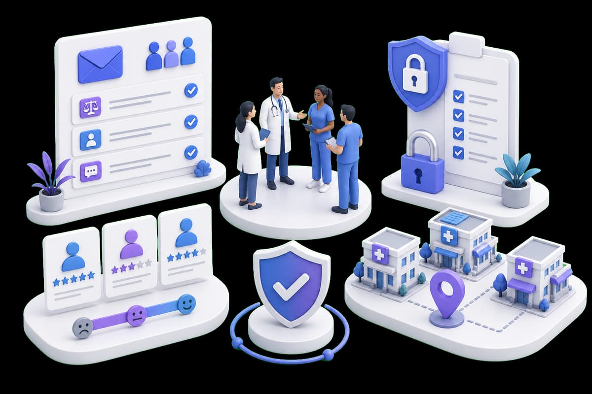 Isometric illustration of a healthcare team managing fair review invitations, privacy standards, and multiple clinic locations