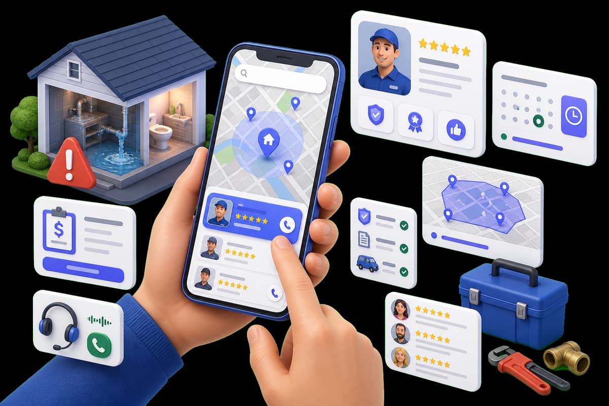Isometric illustration of a homeowner comparing nearby service providers, availability, credentials, estimates, and reviews