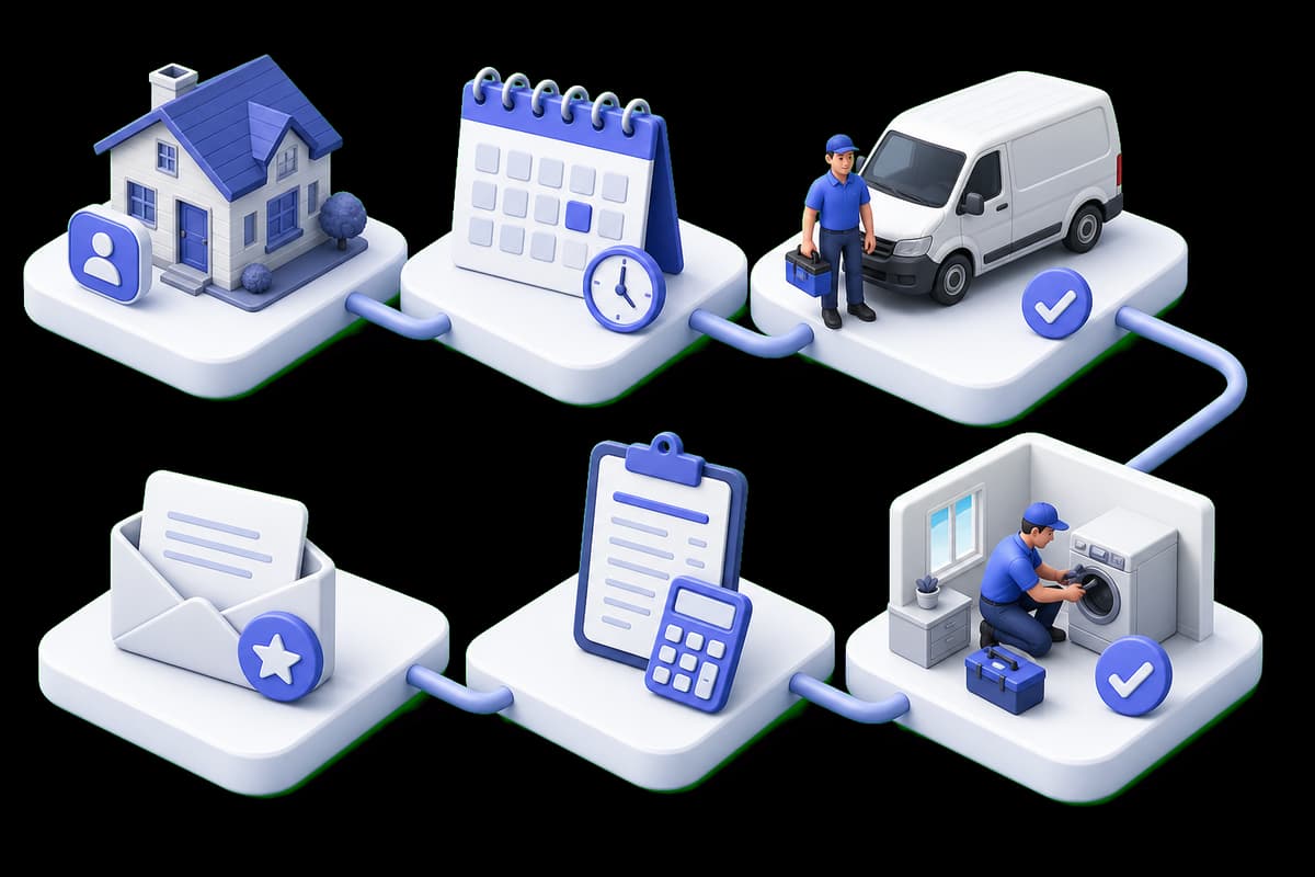 Isometric illustration of a home service job moving from request and scheduling to repair, invoice, and feedback