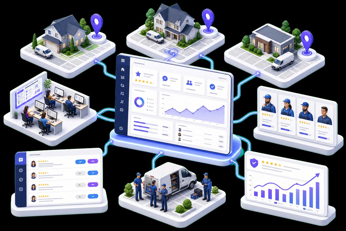 Isometric illustration of a home services operations dashboard connected to branches, service areas, technicians, and reviews