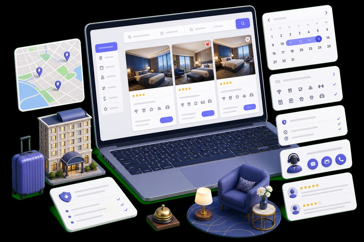 Isometric illustration of hotel research with room options, amenities, location, dates, policies, support, and guest reviews