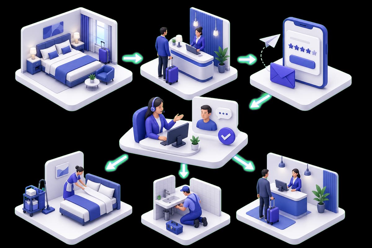 Isometric illustration of a hotel post-stay feedback workflow connected to reception, housekeeping, maintenance, and support