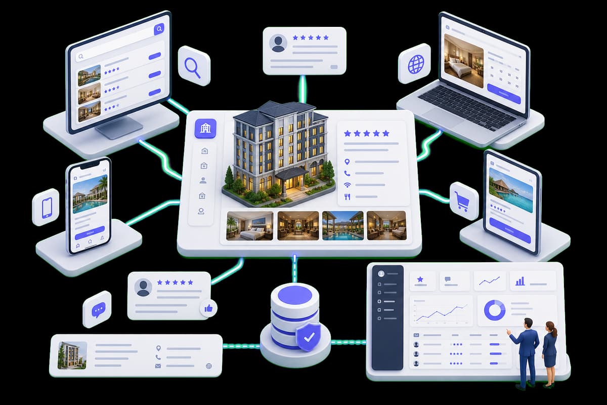 Isometric illustration of a hotel profile connected to search, direct booking, travel platforms, reviews, and analytics