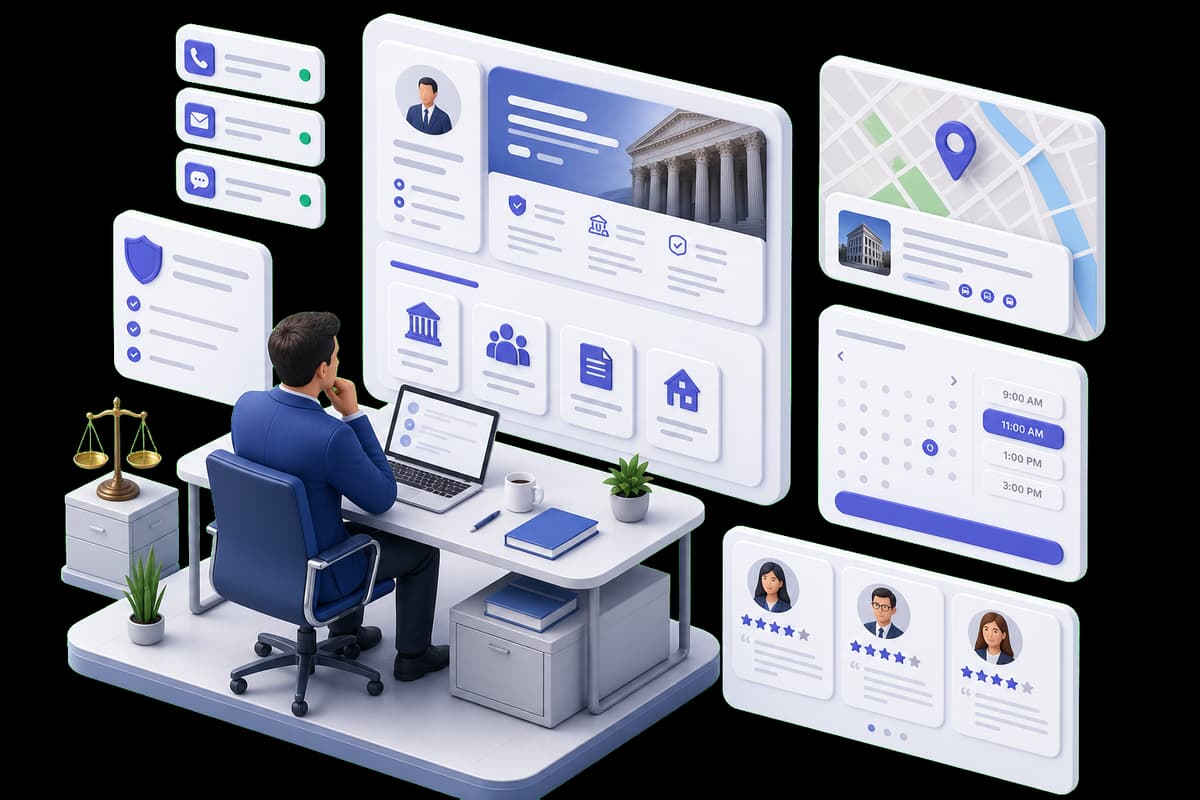 Isometric illustration of a prospective client comparing a law firm profile, practice areas, location, consultation, and reviews