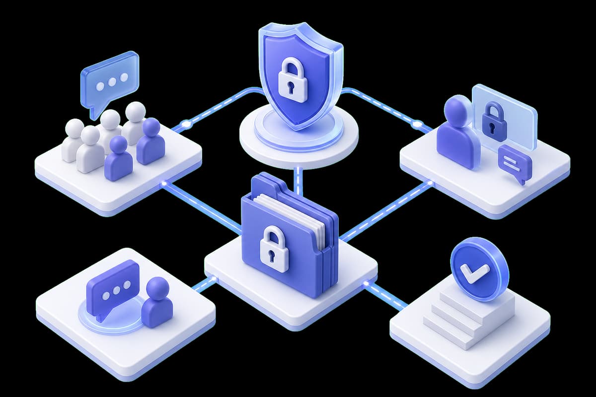 Isometric illustration of a confidential legal review workflow with protected case files, general responses, and private escalation
