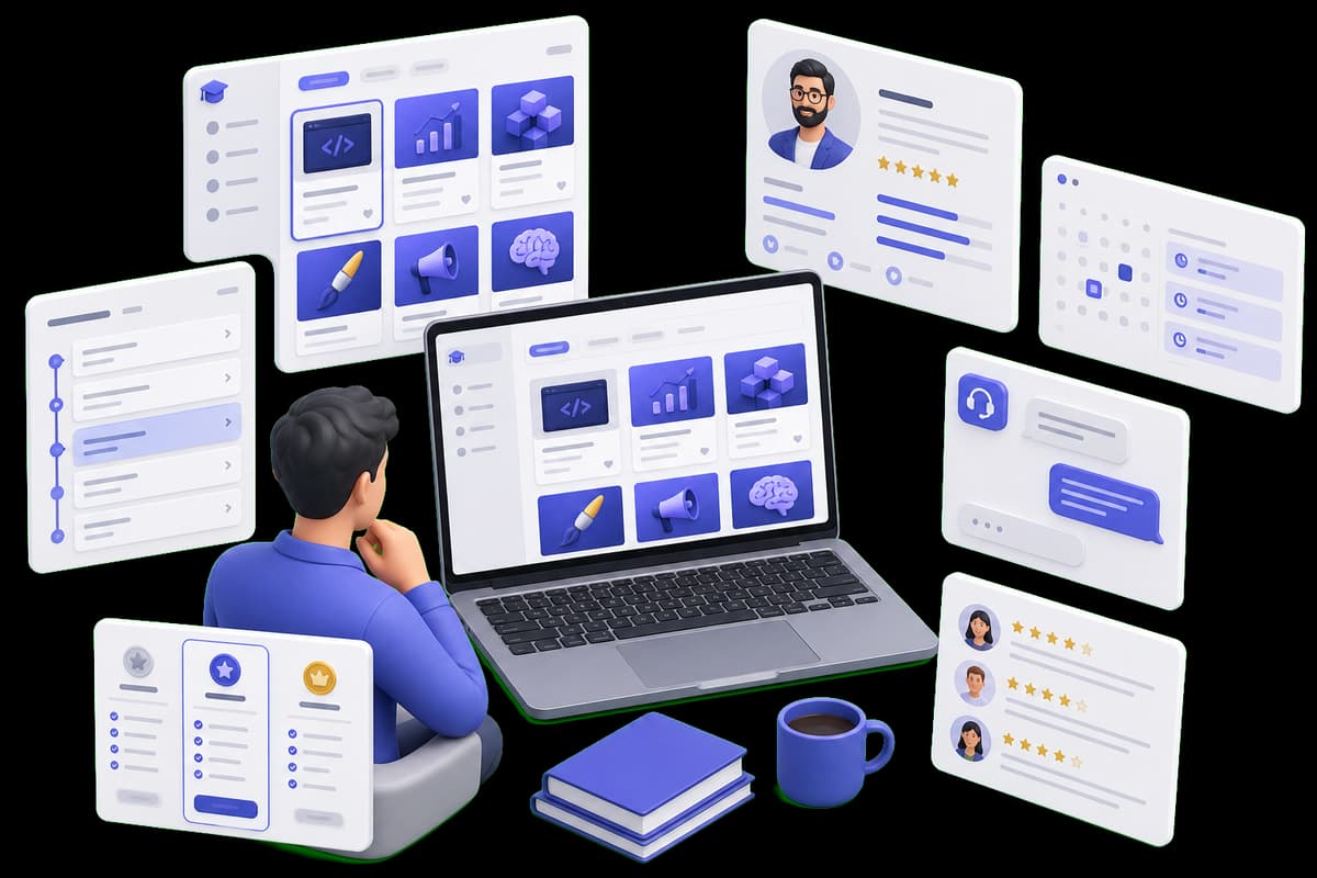 Isometric illustration of a learner comparing online courses, instructors, schedules, support, and reviews