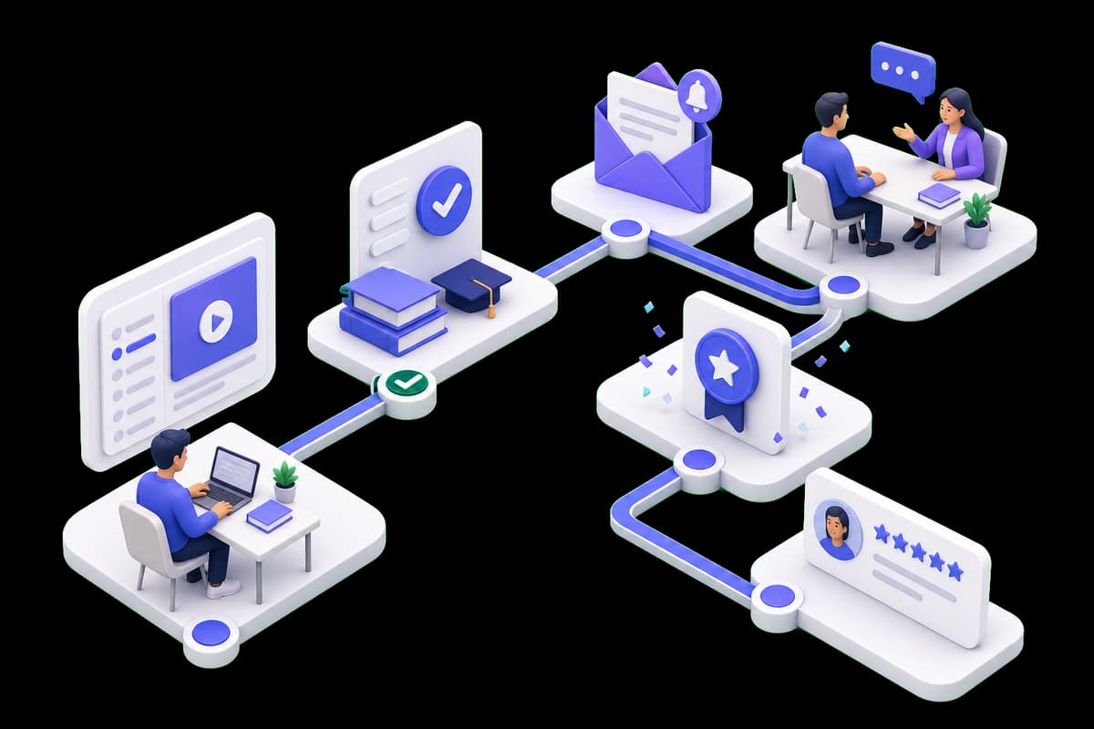 Isometric illustration of an online learning journey from course progress and support to completion and feedback