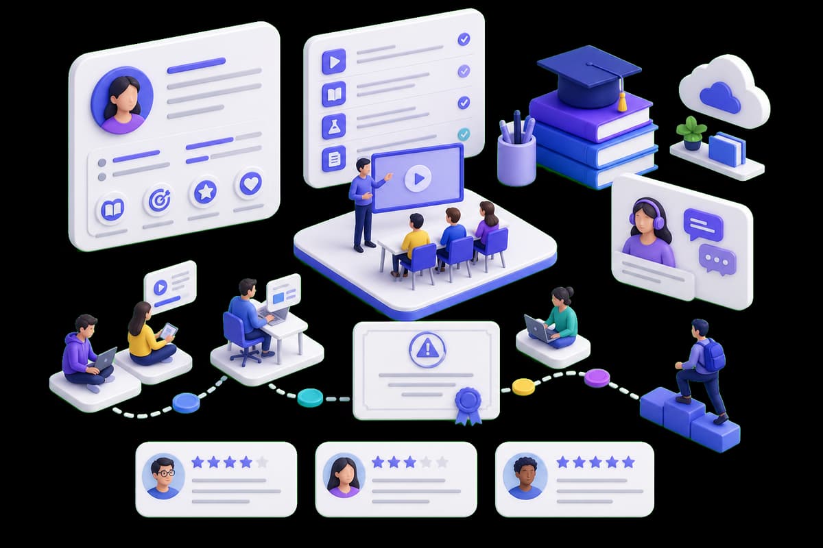 Isometric illustration of responsible education marketing with curriculum, teaching, support, learner journeys, and reviews