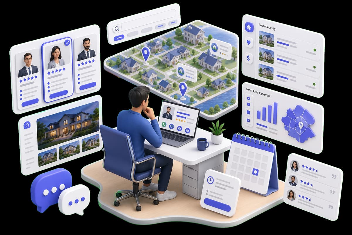 Isometric illustration of a buyer or seller comparing real estate agents, local expertise, activity, appointments, and reviews