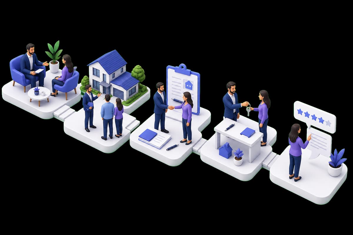 Isometric illustration of a real estate client journey from consultation and viewing to closing and neutral feedback