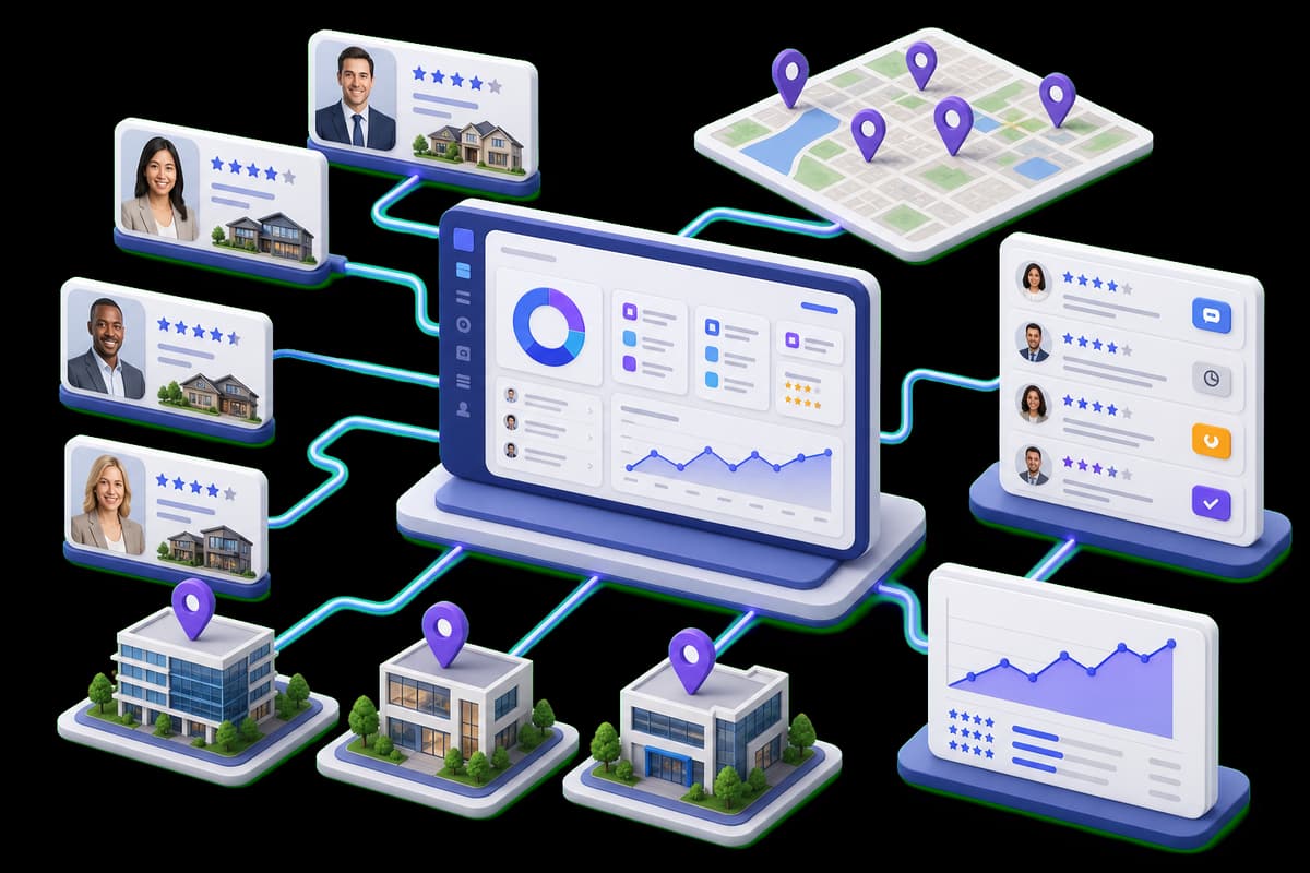 Isometric illustration of a brokerage reputation dashboard connected to agents, offices, neighborhoods, reviews, and trends