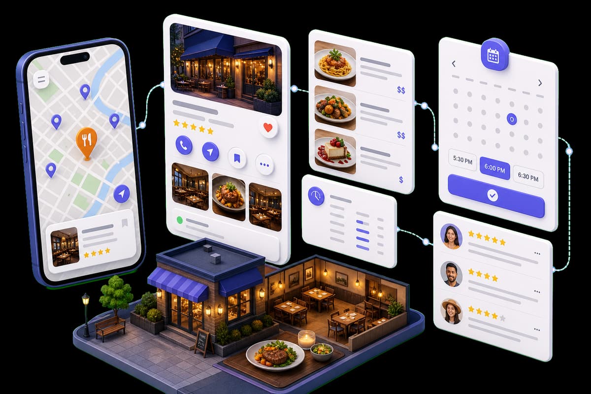 Isometric illustration of local restaurant discovery with maps, menu, reservation, photos, and diner reviews