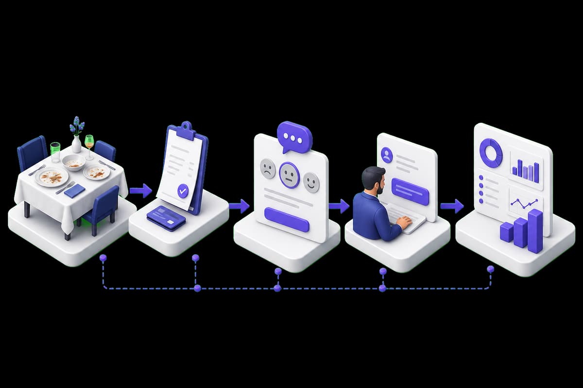 Isometric illustration of a restaurant feedback workflow from completed meal to invitation, response, and insight