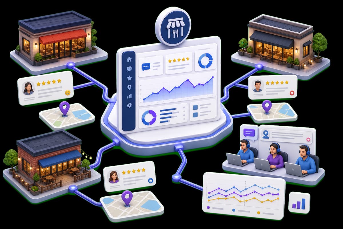 Isometric illustration of a multi-location restaurant reputation dashboard connected to local reviews and response teams