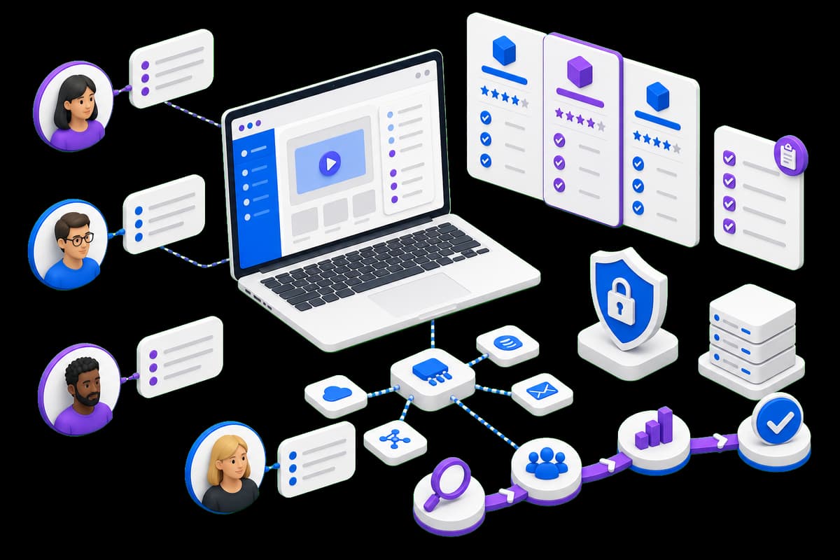 Isometric illustration of a SaaS product evaluation with stakeholder, security, integration, and comparison cards
