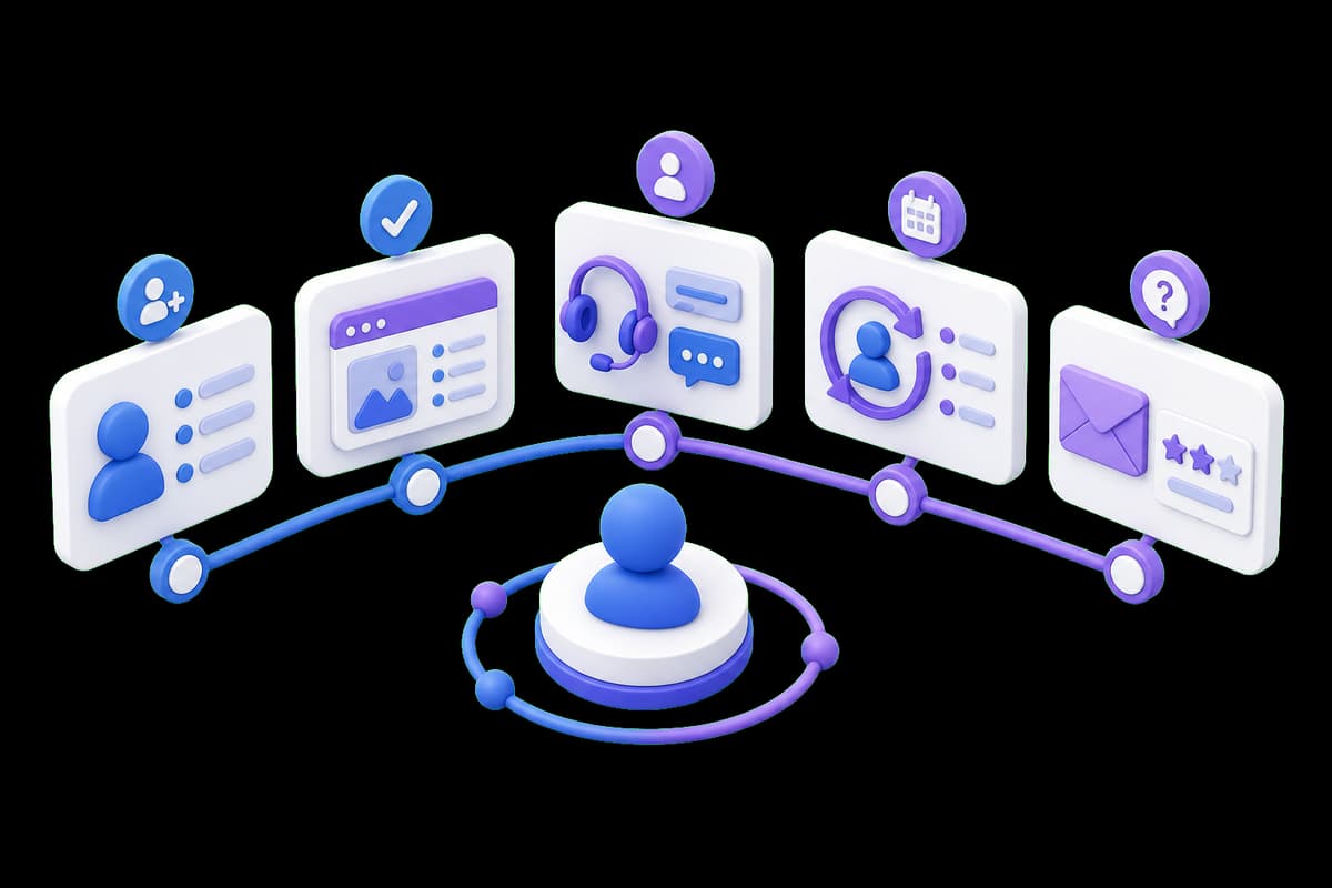 Isometric illustration of review requests connected to SaaS onboarding, support, adoption, and renewal milestones