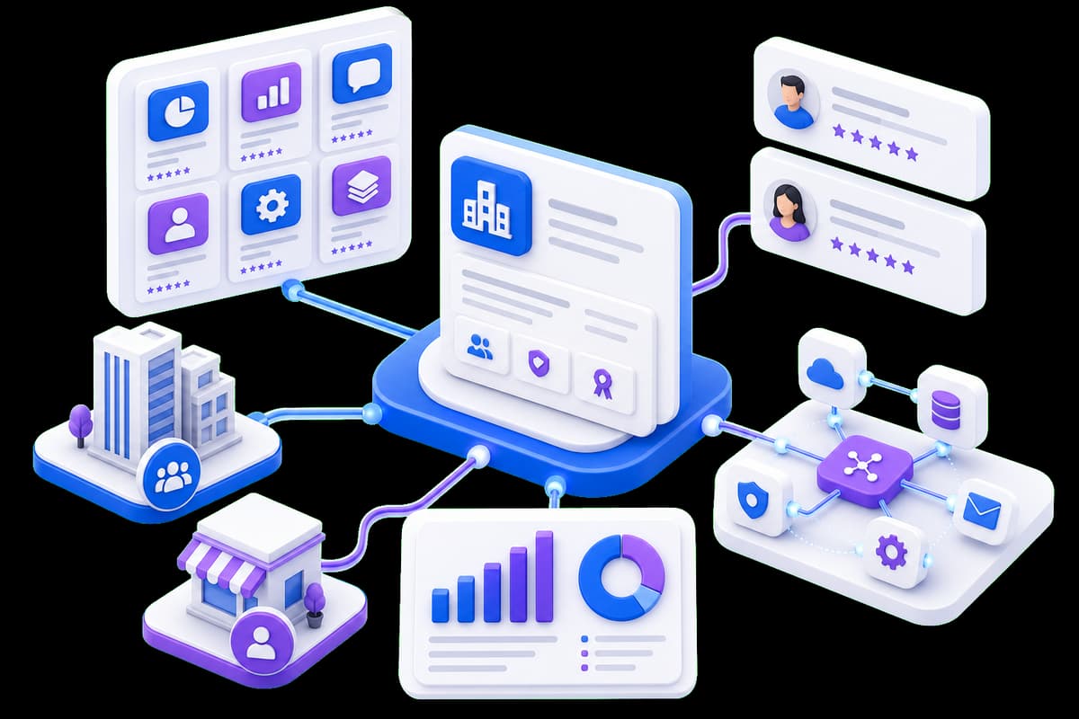 Isometric illustration of a SaaS reputation profile connected to customer segments, review channels, integrations, and analytics