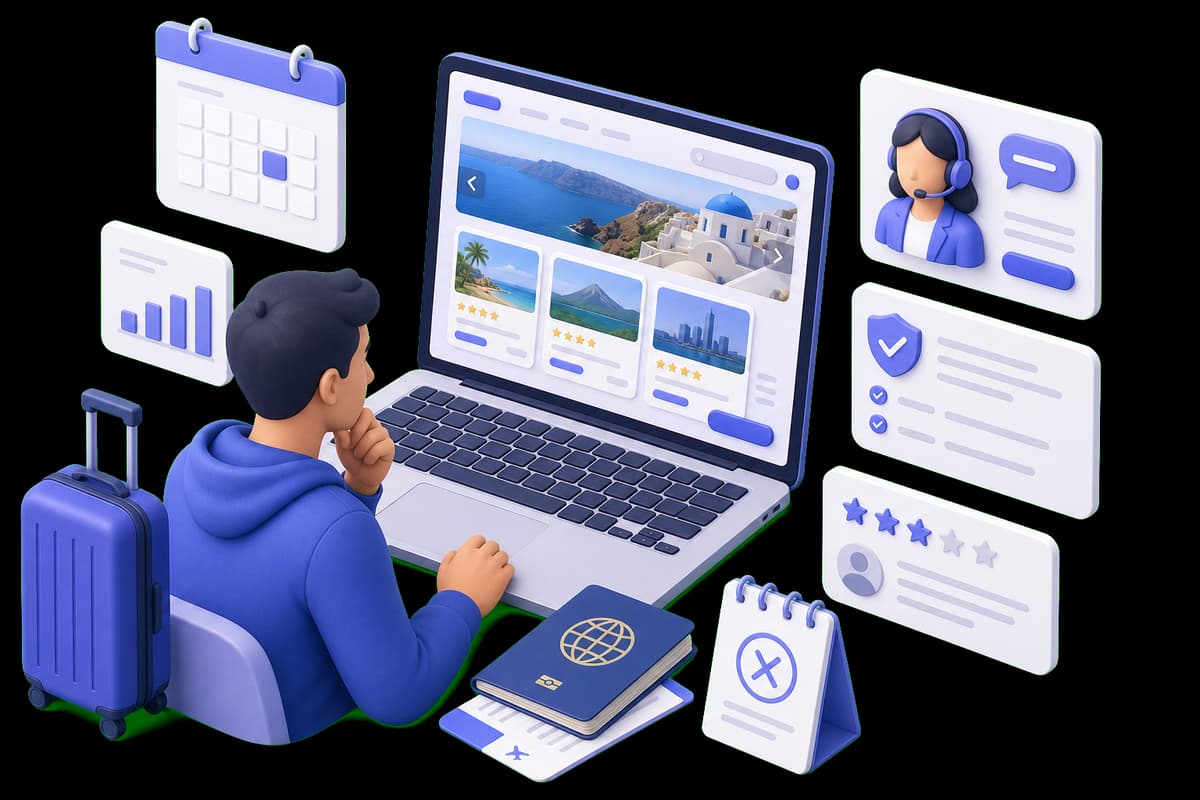 Isometric illustration of a traveler comparing destinations, booking details, support, policies, and reviews