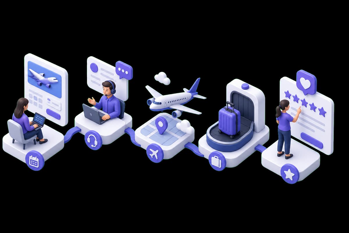 Isometric illustration of feedback milestones across booking, support, travel, baggage, and post-trip follow-up