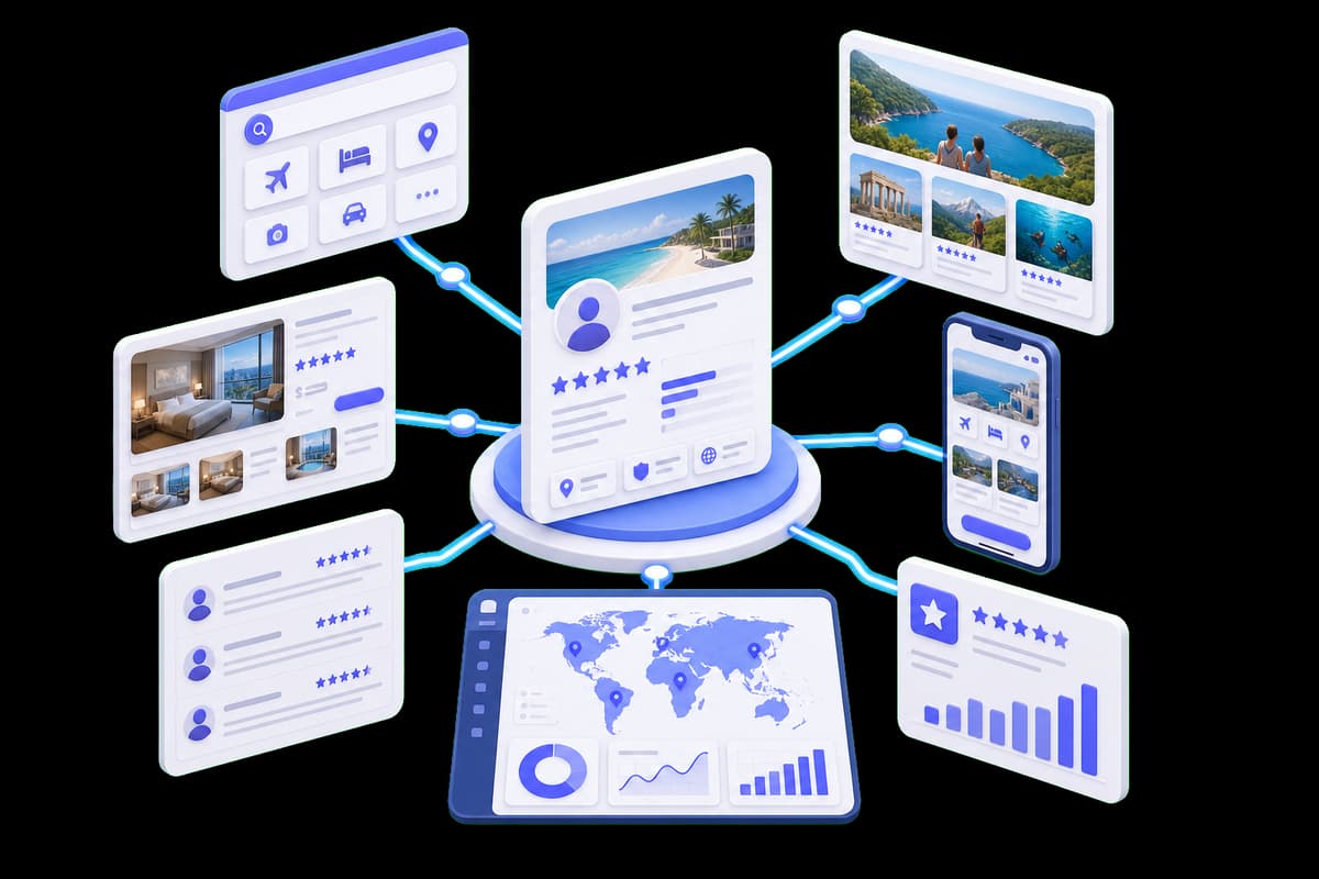 Isometric illustration of a travel company reputation profile connected to booking channels, reviews, maps, and analytics