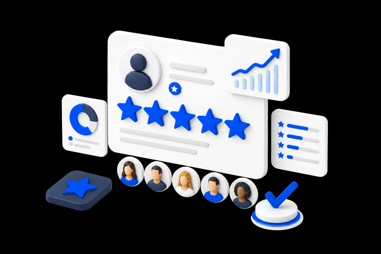 Isometric illustration of a five-star Trustpilot review campaign with customer profiles and reputation growth