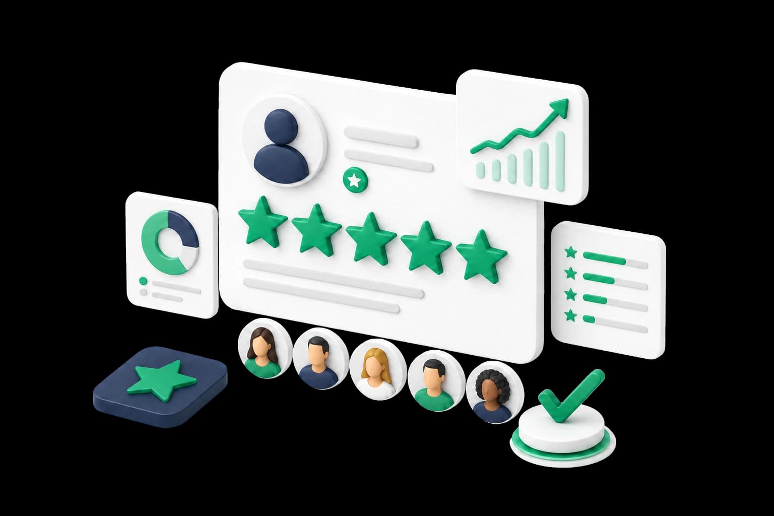 Isometric illustration of a five-star Trustpilot review campaign with customer profiles and reputation growth