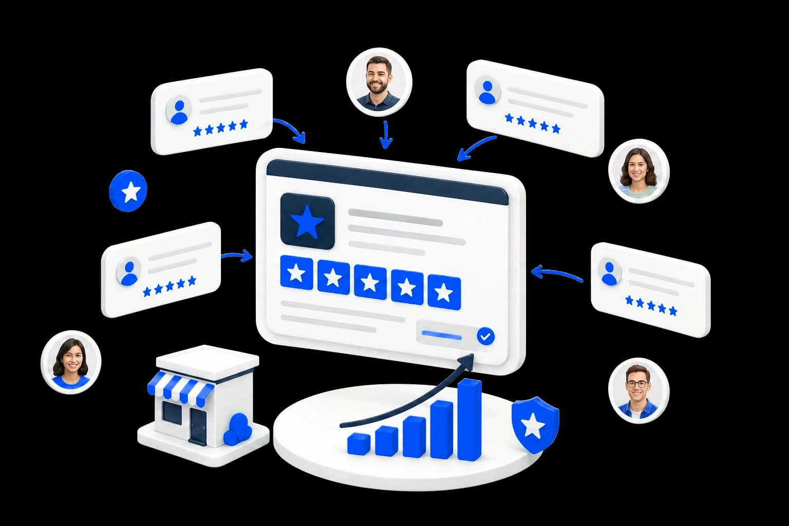 Isometric illustration of customer reviews building a stronger Trustpilot business profile