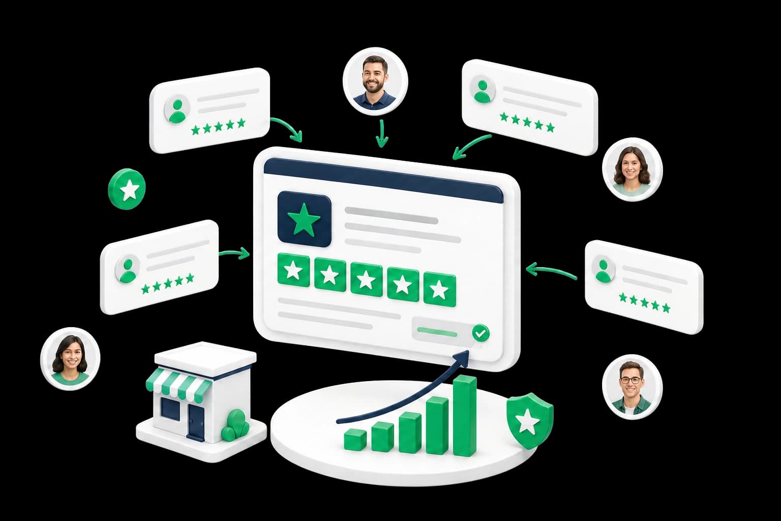 Isometric illustration of customer reviews building a stronger Trustpilot business profile