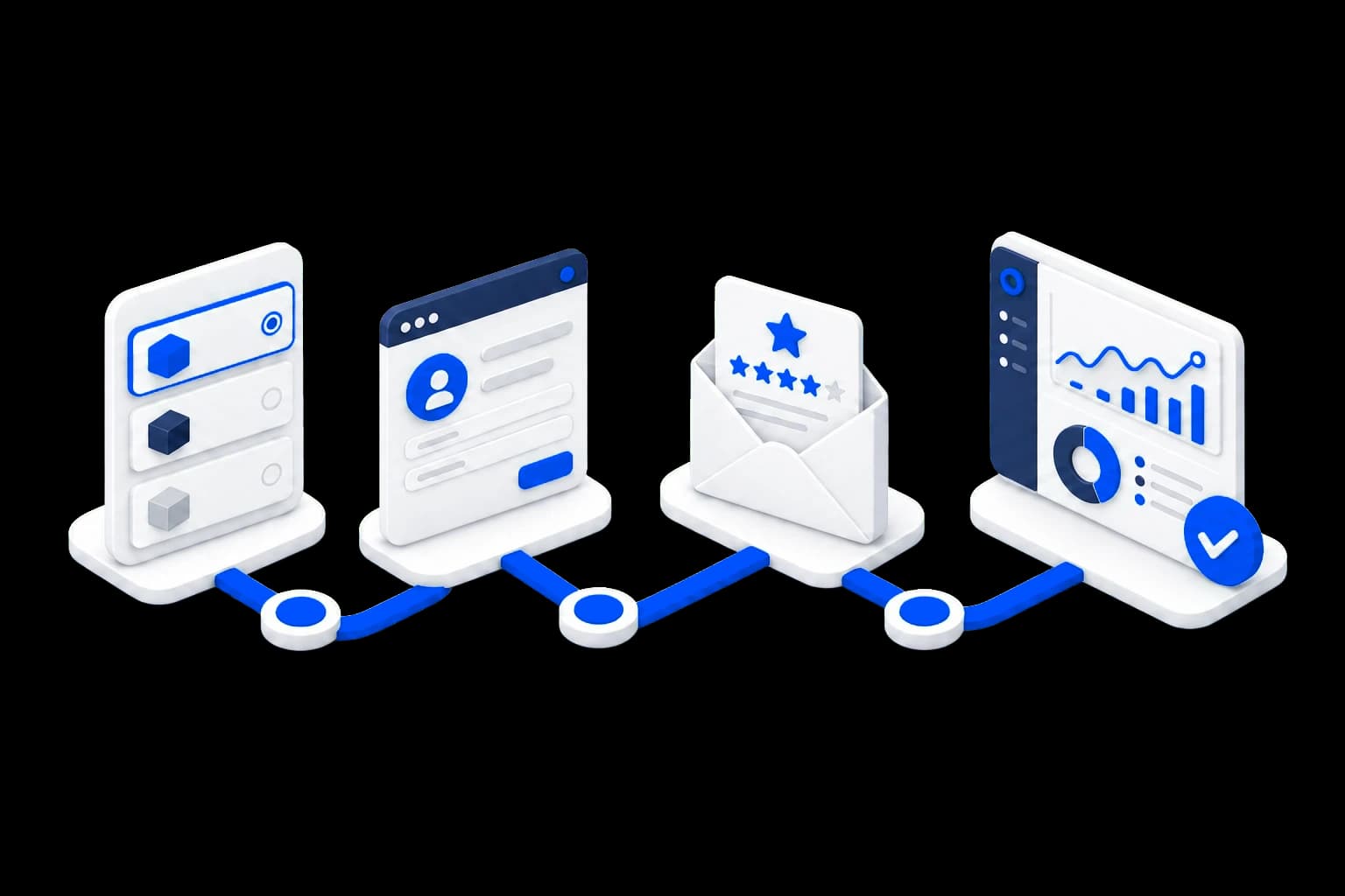 Isometric illustration of the Trustpilot review campaign process from package selection to delivery tracking