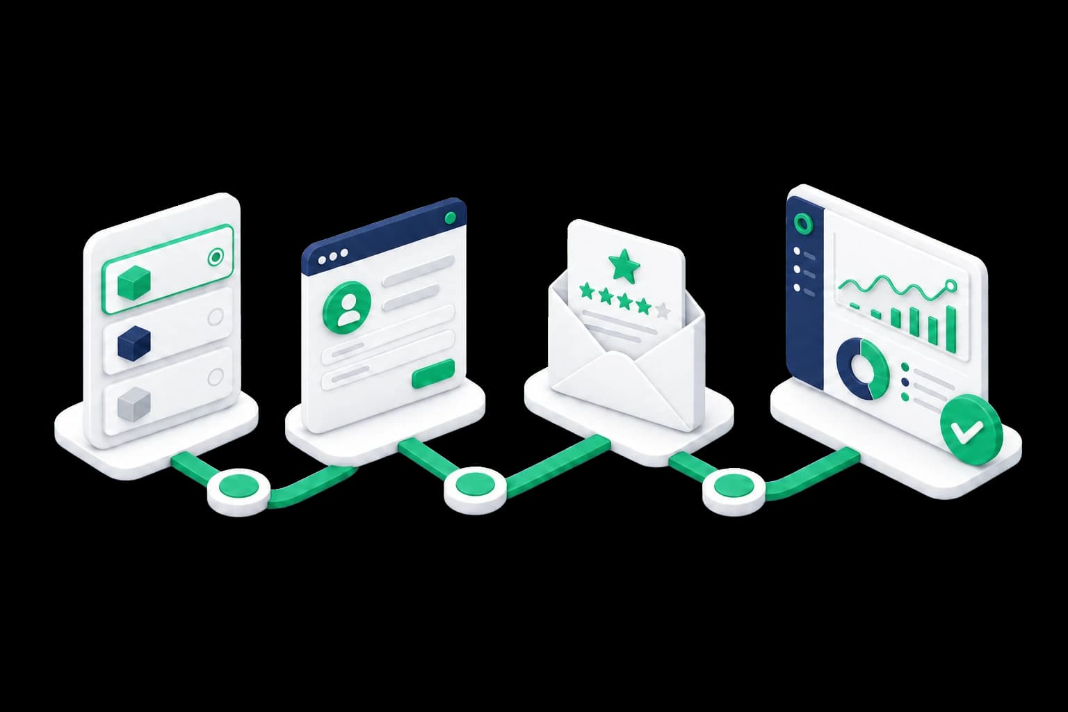 Isometric illustration of the Trustpilot review campaign process from package selection to delivery tracking