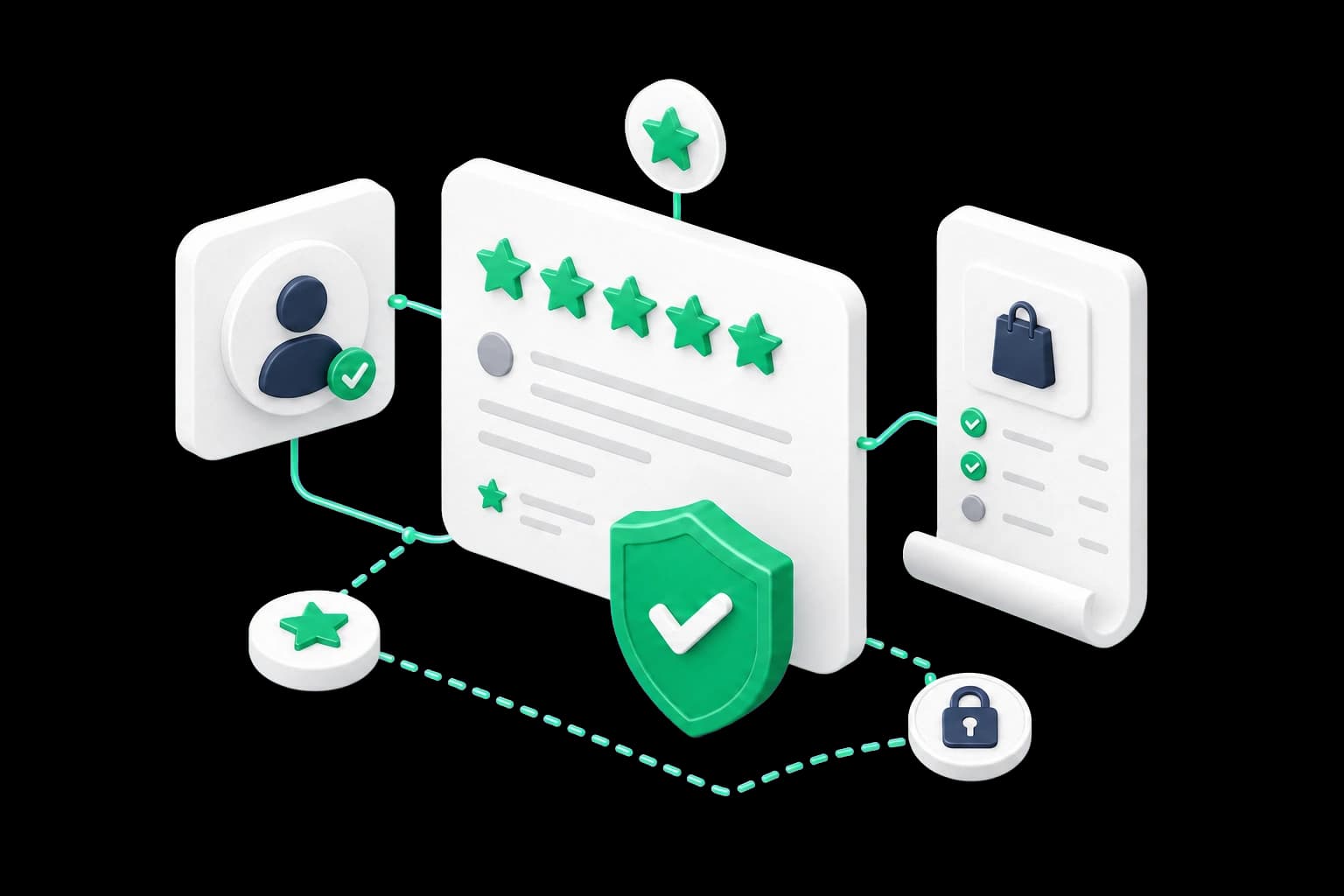 Isometric illustration of a verified Trustpilot review connected to a customer profile and purchase